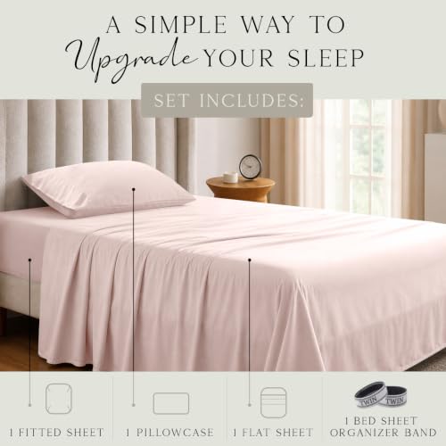 Image of KARISSA MAE Luxury Bamboo Viscose Twin Size Sheet Set | FSC Certified | Cooling | Ultra Soft | 18 inch Deep Pockets | Elastic Corner Straps | Includes Organizer Band [Pink Peony]