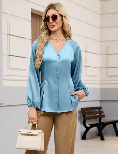 Blooming Jelly Womens Satin Silk Dressy Casual Business Blouse Button Down Long Sleeve Peplum Top Work Shirt Fall Outfit3