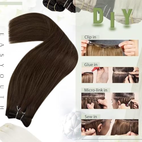 Easyouth Weft Hair Extensions Human Hair Brown Sew in Extensions Real Human Darkest Brown Weft Extension for Women 12 Inch 70g - Image 4