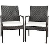 Tangkula Patio Wicker Dining Chair Set of 2, Outdoor PE Rattan Armchairs with Removable Cushion, Armrest, Weather-Resistant Wicker, Patio Armchairs for Garden, Backyard, Poolside (1, Off White)