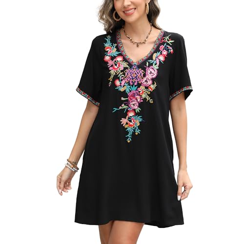 Image of Grosy Fiesta Embroidered Mexican Dress for Women Beach Vacation Plus Size Short Sleeve Summer Boho Dresses with Pocket