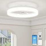 VOLISUN Low Profile Ceiling Fans with Lights and Remote, 19.7in Fandelier Ceiling Fan with Light, 3000K-6500K Dimmable Bladeless LED Fan Light, White Flush Mount Ceiling Fans with Lights for Bedroom