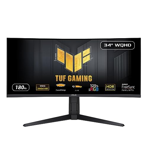 ASUS TUF Gaming VG34VQL3A - 34 Zoll UWQHD Curved Monitor - 180 Hz, 1ms GtG, FreeSync, AdaptiveSync, DisplayHDR 400 - VA Panel, 21:9, 3440x1440, DisplayPort, HDMI, USB-Hub, ergonomisch, Speaker