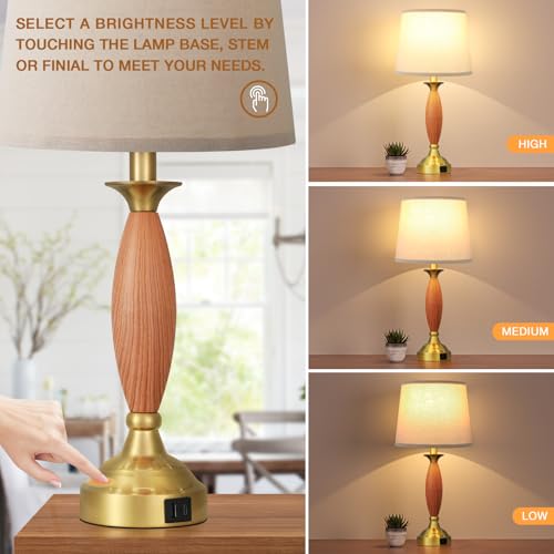 Seealle Touch Lamps for Nightstand - Bedroom Lamps Set of 2 with USB C+A, 3 Way Dimmable Contemporary Metal Wood Table Lamps for Living Room — view 2