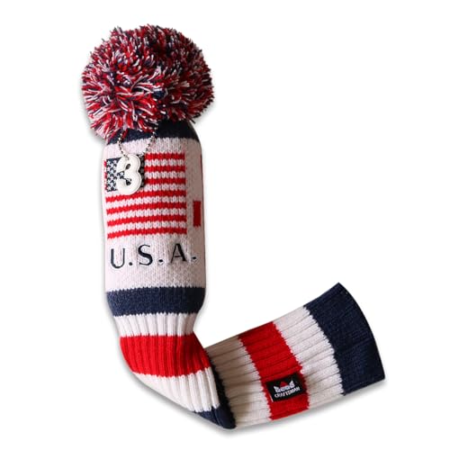 CRAFTSMAN GOLF US Flag Knit Pom Pom White Blue Red Driver,Fairway Wood, Hybrid Head Cover Headcover for Callaway Mizuno Cobra Taylormade