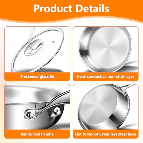 Risirica 12 inch Seven-layer Stainless Steel Frying Pan with LID,Food grade steel pan,Egg Pan Omelet Pan,Stainless Steel Frying Pan set,Dishwasher and Oven Safe, Induction,for Ceramic and Gas Cooktops — view 4
