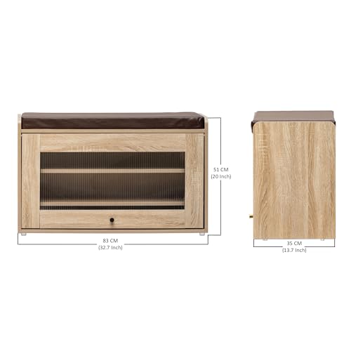 Image of Rocco Rosso Shoe Cabinet with Seat for 12 Pairs | Lift-Up Acrylic Fluted Shutter | Engineered Wood Shoe Rack Bench with Adjustable Shelves | Scratch-Resistant | Hallway Bedroom Entryway (Oak)