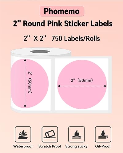 Image of Phomemo 2 inch Color Circle Thermal Label, Self-Adhesive Round Sticker Label, Circular Thermal Printer Label for Logo Design, Name /Price Tag, Thanks Card, Address, QR Code, 750 Labels /Roll, 4 Rolls, Pink