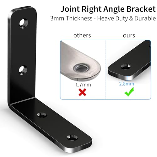 YUMORE L Bracket Corner Brace, 6Pcs 65x65mm Joint Right Angle Brackets Heavy Duty Stainless Steel 90 Degree Bracket Fastener for Wood Shelves Chair Tables Dressers Furniture with Screws, Black