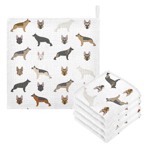 Image of vvfelixl Cute German Shepherd Dog Baby Burp Cloths Baby Muslin Washcloths for Boys Girls Cotton Baby Face Towel for Newborn Infants Soft and Absorbent 11.8 X 11.8 in, 5 Pack