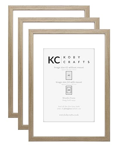 Koby Crafts Pack of 3 Wood Effect Picture Frames for A4 or A3 Images | 3 Pack A3 Wooden Photo Frames | Hang Portrait/Landscape | A3 Posters Certificates with A4 Image Mount