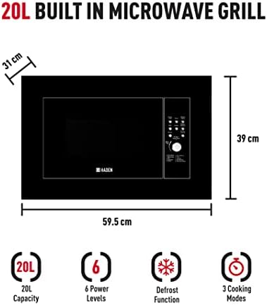 Haden Built-in Micro Grill  Microwave and Grill Combo with Defrost, Reheat & Cooking Functions, 20 Litre, Black