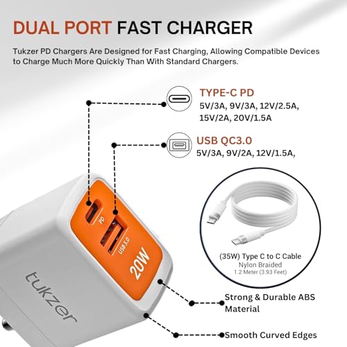 Image of Tukzer 20W Dual Port GaN3 Ultra 2X Faster Charger(Type C PD3.0&USB QC3.0) with Type C Cable Adapter for iPhone 16 /16Plus /16Pro /16Pro Max,15 /15Plus /15Pro /Max, 14 /13 /12,Samsung, Type-C Port Laptops-WHI