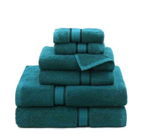 COTTON CRAFT Ultra Soft 6 Piece Towel Set - 2 Large Bath Towels, 2 Hand Towels, 2 Washcloths - Absorbent 580 GSM Quick Dry Everyday Luxury Hotel Bathroom Spa Gym Shower Pool Travel -100% Cotton - Teal