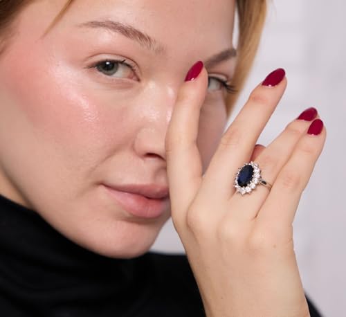 Beaux Bijoux Sterling Silver Large Oval Created Blue Sapphire and Clear Cubic Zirconia Statement Bridal Engagement Princess Diana/Kate Middleton Royal Ring3