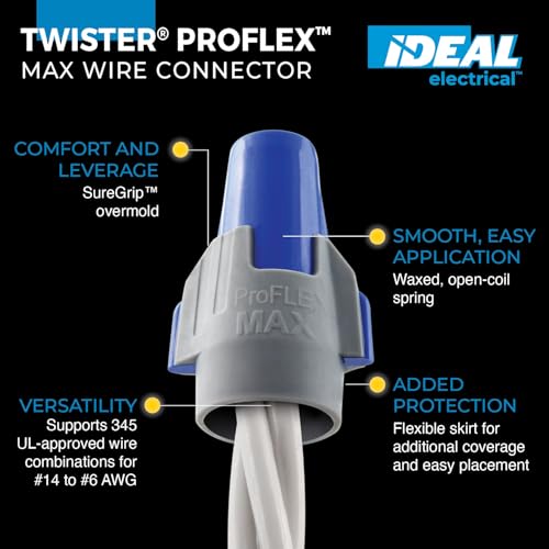 Image of Ideal Electrical Twister Proflex MAX (30-348) Blue /Gray Wire Connector, Box of 25 - Smooth Twist-On Wire Nuts for Wiring 3-Way Switches, GFCI Outlets, and More