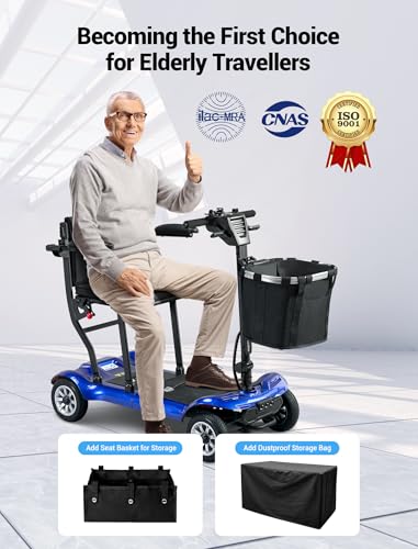 4 Wheel Mobility Scooter, Electric Mobility Scooter for Adults, Driving 22 Miles, Airlines Approved, Foldable Scooter w/249WH*2 Batteries Charger Under Seat Storage Dustproof Cover (Blue)