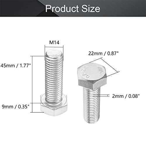 Image of Heyiarbeit M14 Hex Bolt M14-2 x 45mm UNC Hex Head Screw Bolts 304 Stainless Steel Fully Threaded Hex Tap Bolts 2pcs