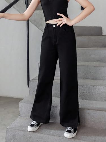 Verdusa Calça jeans longa feminina com botão S cintura elástica dividida lateral perna reta, Preto,
