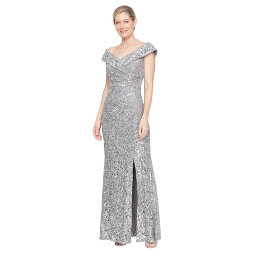 Image of Alex Evenings Women's Off The Shoulder Fit and Flare Dress-lace and Sequined Elegance for Mother of The Bride Or Groom