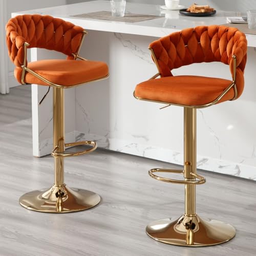 Butacos regulables de terciopelo LukeAlon, color naranja, con base dorada giratoria y reposapiés, para barra o cocina, juego de 2 piezas miniatura 1