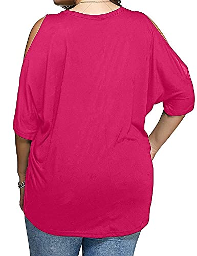 Allegrace Women Plus Size Tops V Neck Short Sleeve Batwing Top Cold Shoulder T Shirt Rose Red 4X #TOP5