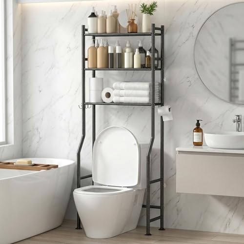 3-Tier Over Toilet Storage with Anti-Tilt Safety System - 150lb Total Capacity Metal Bathroom Shelves Including Paper Holder & 4 Hooks, Space Saving A