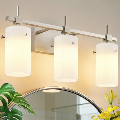 Image of SOLFART Brushed Nickel Bathroom Light Fixtures, 3-Light Modern Vanity Light Over Mirror, Wall Sconces with Milky White Frosted Glass Shades, E26 Socket (Bulbs Not Included)