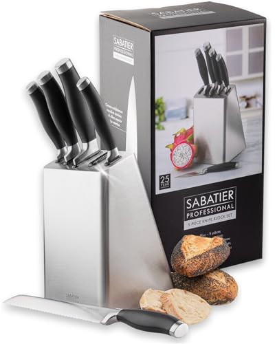 Kitchen Knife Set with Block Sabatier Professional 5 Piece Razor-Sharp Stainless Steel Knives. Strong Chrome-Molybdenum Cutting Blades Soft-Grip Handles Sleek Stainless Block 25 Year Guarantee