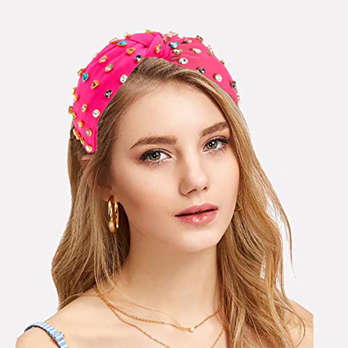 Women Knotted Jeweled Headband Colorful Rhinestone Crystal Embellished Pink Hairband Top Knot Headbands Summer Luxury Fashion Wide Ladies Hair Accessories For Girls #TOP1