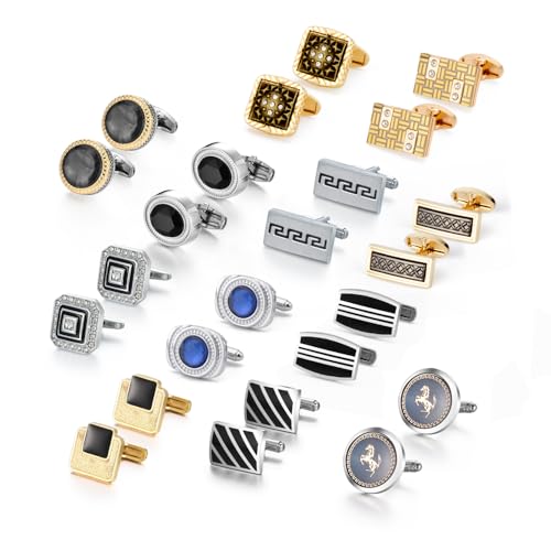 Image of Wynameleri Mens Cufflinks Set 12 Pairs, Black Cuff Links Pack of 12 for Men Silver and Gold, for Business, Wedding,Party Gift Pack in Case