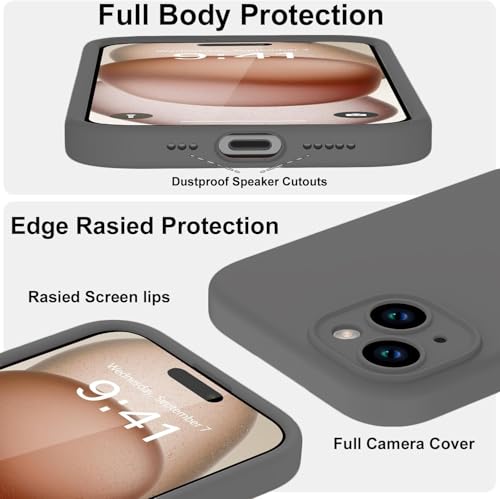 Image of DIZORO Compatible for iPhone 15 Camera Protection Case 6.1, Slim Liquid Silicone Case 3 Layers Full Covered Soft Gel Rubber Phone Case Protective Cover 6.1 Inch - Dark Grey