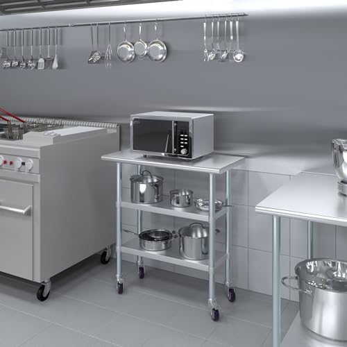 Image of AmGood Stainless Steel Work Table with 2 Shelves and Casters | Metal Utility Table On Wheels (Stainless Steel Work Table with 2 Shelves + Casters, 36 inch Long x 18 inch Deep)