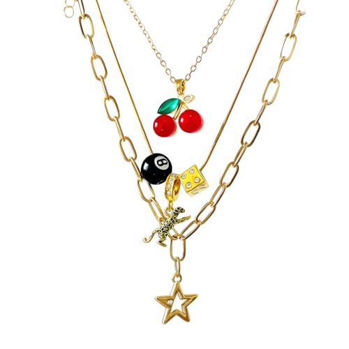 JWIGP 3pcs Cherry 8 Ball Necklace Set for Women Gold Leopard Dice Star Charm Pendant Y2K Stackable Layered Necklaces Fashionable Classic Christmas Jewelry Gifts (3pcs set)