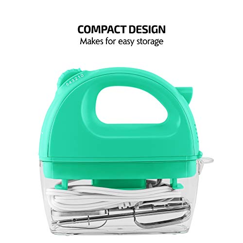 Image of OVENTE Portable Electric Hand Mixer 5 Speed Mixing, 150W Powerful Blender for Baking & Cooking with 2 Stainless Steel Chrome Beater Attachments & Snap Clear Case Compact Easy Storage, Turquoise HM161T