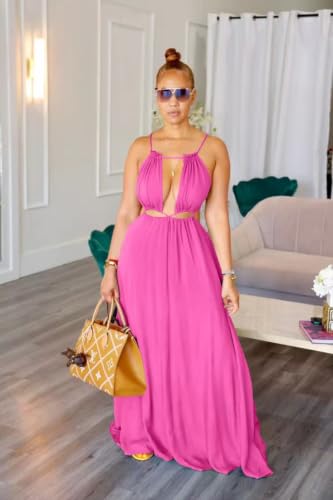 Image of Yeshire Womens Summer Spaghetti Strap Maxi Dress Sleeveless Sexy Cutout Drawstring Boho Beach Vacation Party Dresses