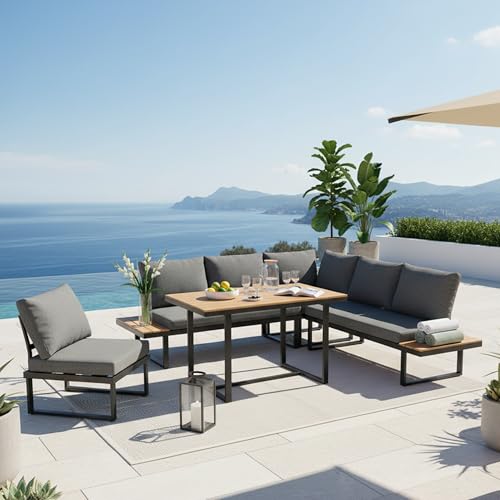Canapé de Jardin Exterieur 7 Pièces, Salon de Jardin Exterieur avec Table, Canapé Modulable avec Dossier Inclinable (5 Positions), Rangement Intégré,...