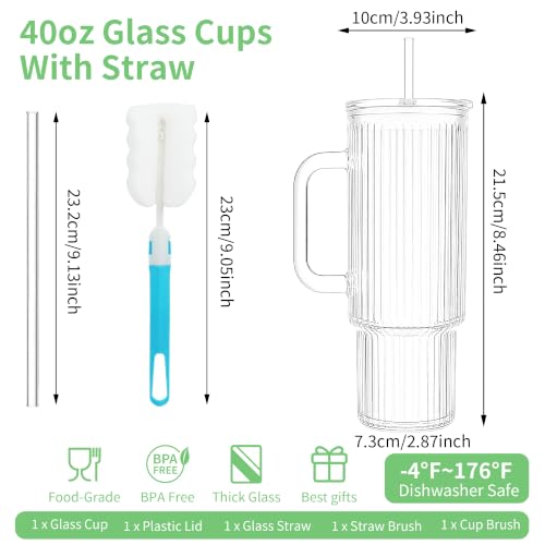 Image of Birity 40oz Ribbed Glass Tumbler with Handle,2Pack Iced Coffee Cup with Lid | Reusable Glass Cup with Lid for Smoothies,Soda,Tea-Glass Water Bottles Drinking Glasses for Camping,Travel,and Outdoor