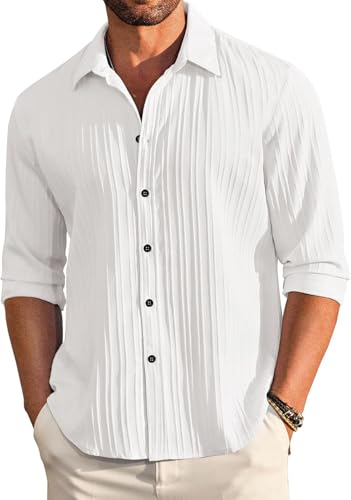 Image of DEELMO Men's Casual Button Down Shirts Long Sleeve Linen Shirt Fashion Textured Beach Summer Shirt