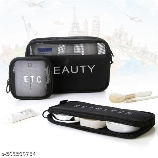 (ONLY POUCHES) Travel Nylon Mesh Makeup Bags Set 3 Pieces See Through Zipper Pouch Travel Cosmetic And Toiletry Kit Organizer Bag 3 Pack Of S M L 3-in-1-mkup-nvyblu-09-14 SB-P9280 4