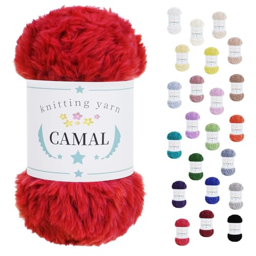 CAMAL Soft Faux Fur Yarn for Crocheting Blanket, 65 Yards Chunky Eyelash Yarn for Knitting Hats, 100 Grams Fuzzy Velvet Crochet Thread for Dolls, Earmuffs, Bags (Red)
