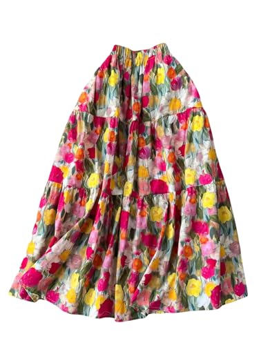 GORGLITTER Women's Boho Flowy Long Skirts Floral Ruffle Hem Swing A Line Maxi Skirts Casual Concert Outfits
