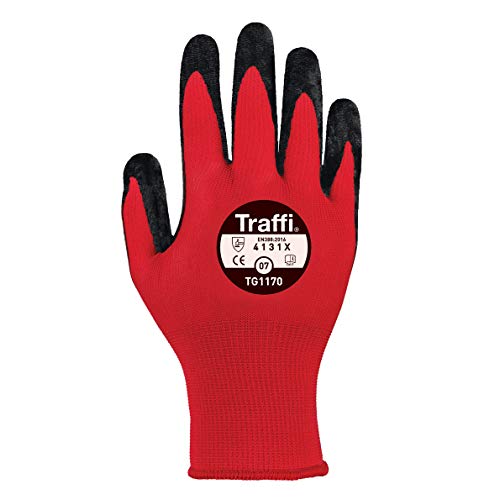 Traffi TG1170 PPE Code Red Safety Glove (Cut Protection Level - Low) Comfortable, Breathable Nitrile Coated Work Gloves for Wet or Dry Conditions