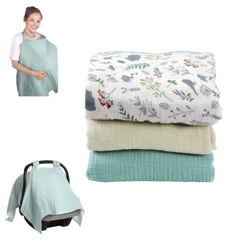 Image of 3 Pcs Car Seat Cover Baby Boy Girl Set, Adjustable Double Buckle Carseat Canopy, Plus Size Designed Muslin Carseat Cover, Versatile Full Coverage Nursing Canopy Includes 3 Colors