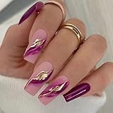 CEWEWP 24Pcs Purple Marble Gold Foil Press on Nails Medium Pink Gradient Fake Nails Acrylic Nails Glossy Coffin Nails Reusable Artificial False Nails with Glue on Nails Full Cover Stick on Nails