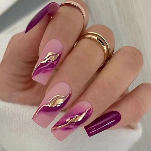 CEWEWP 24Pcs Purple Marble Gold Foil Press on Nails Medium Pink Gradient Fake Nails Acrylic Nails Glossy Coffin Nails Reusable Artificial False Nails with Glue on Nails Full Cover Stick on Nails