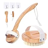 Shower Brush, Moduskye Back Brush with Long Curved Detachable Handle, Bath Body Brush Back Scrubber for Wet Dry Brushing Skin Exfoliating Soft Stiff Bristle Face Brush Wall Hooks Set (Premium Bamboo)