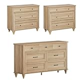 WAMPAT 3 Piece Bedroom Set - Includes Farmhouse 7 Drawer Dresser, Set of 2 Bedside Tables with 3 Drawers, 3 Piece Dresser and Nightstand Sets, Oak