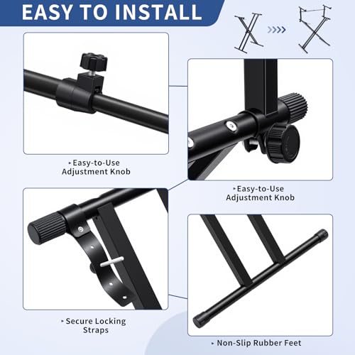 Fiada 2-tier Double x Keyboard Stand, Heavy-duty Adjustable Height Piano Stand with Locking Straps & Quick Release, Portable X-Style Holder for 54/61/88 Key Digital Pianos, Stage Studio Home Use