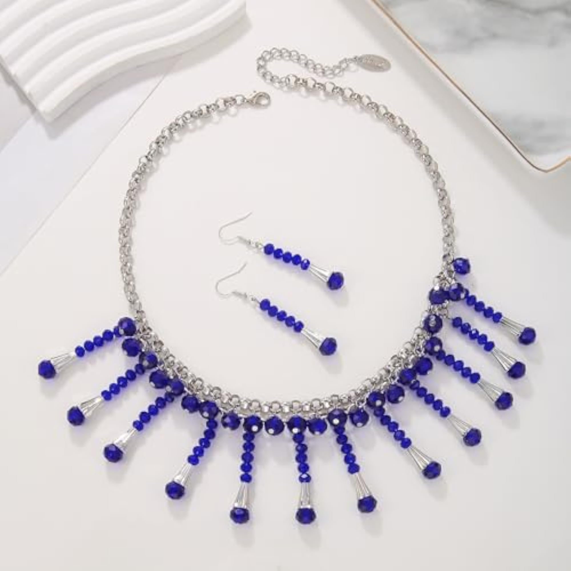 Women's Statement Beaded Necklace with Crystal Ball & Earrings Set